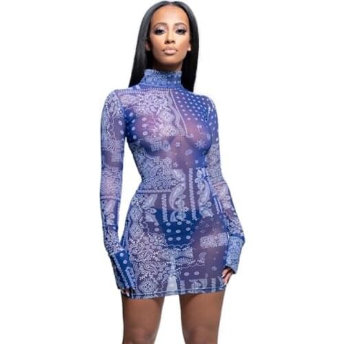 Sexy Mesh See Through Dress Turtleneck Printed Hollow Out Slim Tunic Bodycon Mini Dress Party Clubwear Skinny Vestidos Mujer