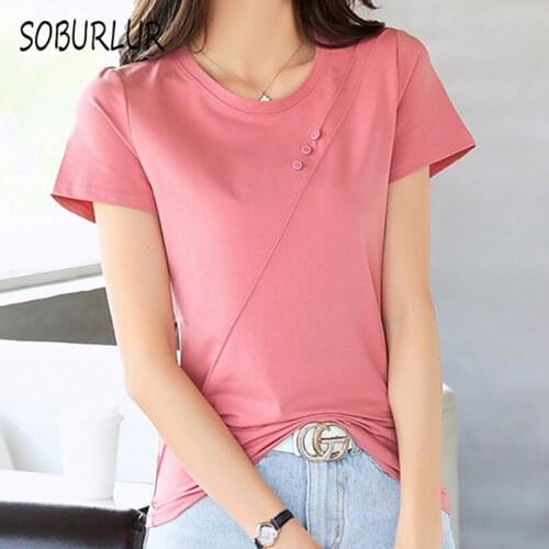 SOBURLUR 2021 Summer Tops O-neck Shirt Womens T-shirt Solid color Woman Short sleeve T-shirts Crop Top Oversize Women Clothes