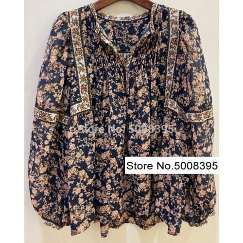 [ElfStyle] - Vintage Violette Printed Cotton Blouse V-neck Long Sleeves OVERSIZED TOPS 2020 NEW
