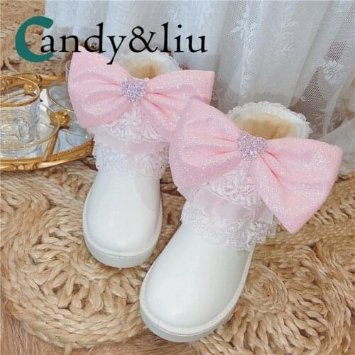 Fairy lace Lolita bow cotton boots waterproof Cute short boots