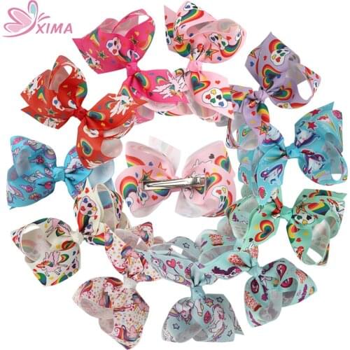XIMA 11pcs/lot 4.5"Cartoon Unicorn Ribbon Hair Bows with Clips Girls Hairpins Hairgrip Kids Hair Accessories