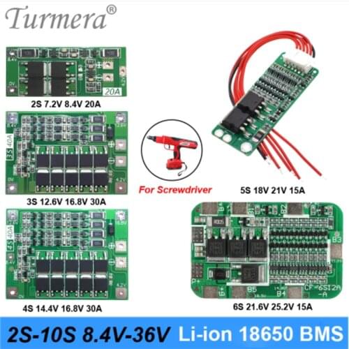 Turmera 2S 3S 4S 5S 6S 10S BMS 18650 Lithium Battery Protect Board for 7.2V 12V 16.8V 18V 21V 25V 36V Screwdriver Batteries Use