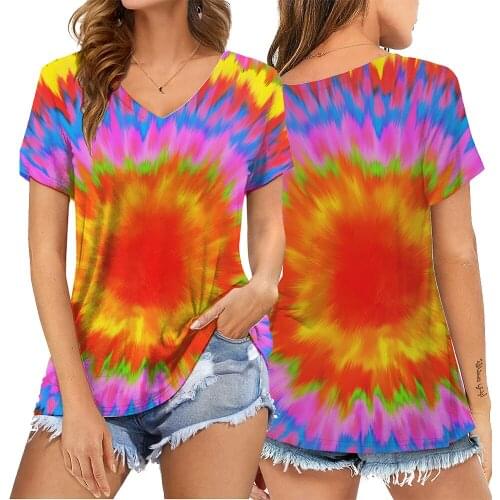 Tie Dye T Shirt Bohemian Style Floral Print Women T Shirt Short Sleeve V Neck Loose Women Tshirt Summer Tops Clothes