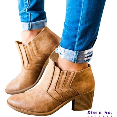 2020 New Women Ankle Boots Block High Heels Botas Zapatos Mujer Retro Leather Winter Shoes Woman Plus Size Booties Cowboy Boots