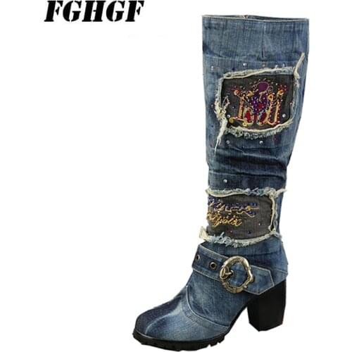 Denim WomenS Boots Square Heel Knee High Patchwork Style Short Plush Zipper Pigskin Rubber Comfortable Wear WomenS Boots