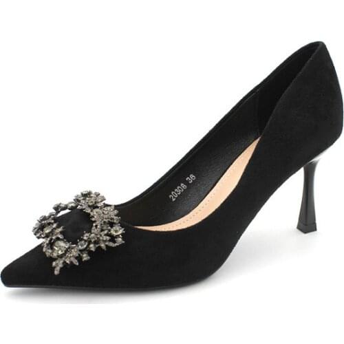 Womens High Heels Suede Rhinestone Buckle Pointed Stiletto Fashion Ladies Wedding Dress Shoes Female Pumps