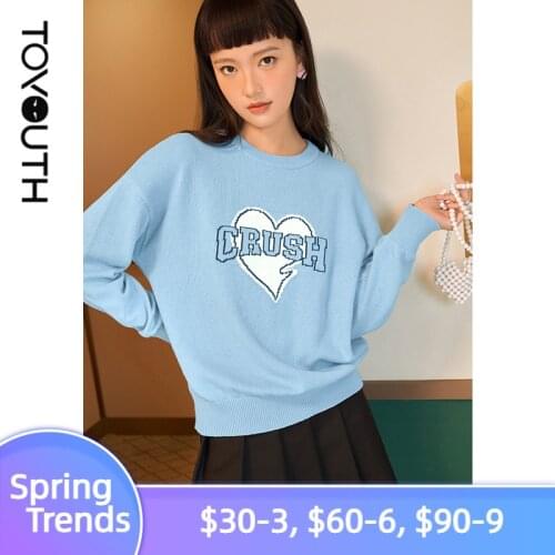 Toyouth Women Sweater 2021 Autumn Round Neck Short Knit Sweater Contrast Color Heart Print Chill Casual Pullover Tops