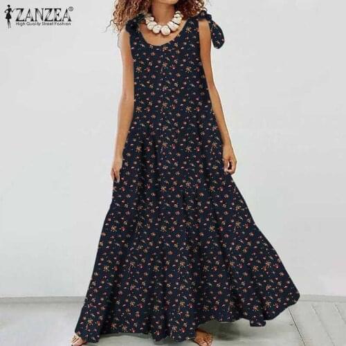 Bohemian Printed Maxi Dress Womens Summer Sundress ZANZEA Casual Long Sleeve Beach Vestidos Female O Neck Bow Robe