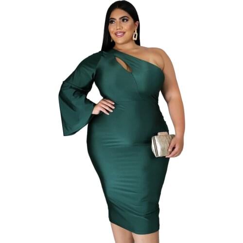 5XL Plus Size Clothing Women One Shoulder Long Sleeve Dinner Sexy Dress Hollow Out Bodycon Package Hip Evening Party Club Dress
