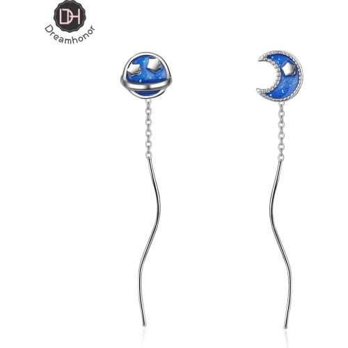 Dreamhonor Fashion Blue Planet Earrings Female Long Exquisite Wave Star Moon Drip Glaze Ear Line Asymmetry Earrings Jewelry