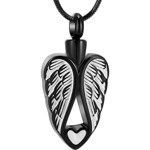 Double Angel Wing Feather Wrapeed Bell Heart Cremation Jewelry Urn Necklace For Women Men Keepsake Memorial Pendant