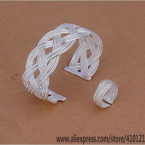 S310 Hot Sale Silver Color Fine Jewelry Sets,Wholesale Fashion Jewelry Elegant Charms Fashion Set Small Knitted Mesh Ring Bangle