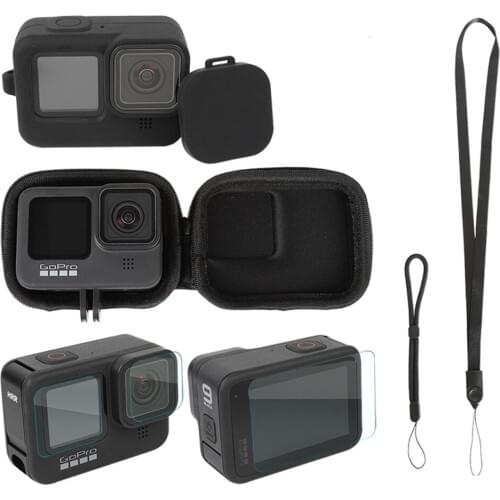 Protective Accessory Kit for GoPro Hero 9 Blcak/Case Bag + Screen Tempered Glass + Silicone Cover + Lens Cap + Lanyard