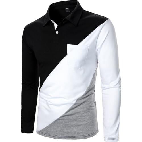 Contrast Patchwork Polo Shirts Men Autumn Spring Long Sleeve Polo Homme Casual Slim Mens Shirt Splice Colorblock Para Hombre