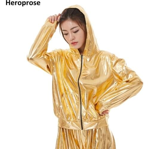 Heroprose Spring Autumn Kid Audlt Bomber With Pockets Jacket Gold Stage Performance Paillette Feminina Casaco Hip Hop Dance Coat