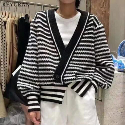 Korean Womens Knitted Jacket 2021 New Autumn Winter Retro Irregular Loose Cardigan Sweater Striped Outwear