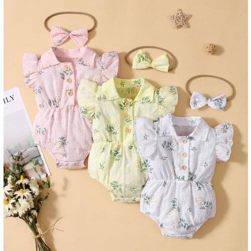 Cute Summer Newborn Baby Girl’s Bodysuit Clothes Cotton Casual Floral Ruffle Fly Sleeve Playsuit+Headband 2PCS Toddler Costume