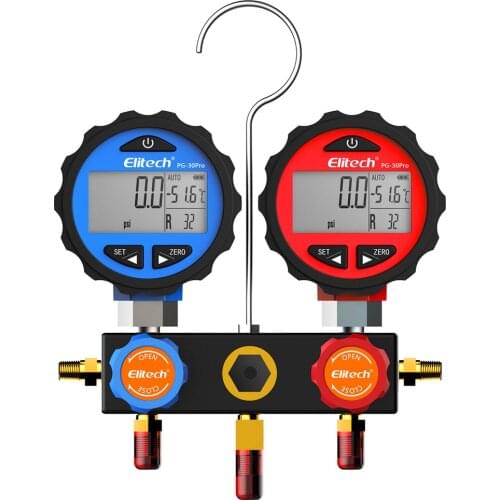 Elitech DMG-3B AC Manifold Gauge Set 2 Way Fits R134A R410A and R22 Refrigerants with Hoses Coupler Adapters+ Carrying Case