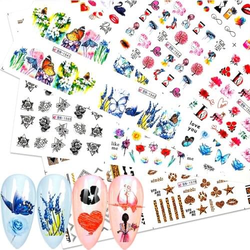 48 Designs Nail Sticker Set Water Transfer Sticker Mixed Butterfly Flower Leopard Valentine Wraps Tape Decorations Manicure 2020