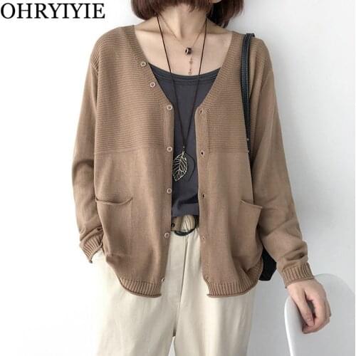OHRYIYIE 2021 Autumn Winter New Knitted Cardigan Women Casual V Neck Sweaters Female All-Match Fall Coat Lady Pockets Cardigans