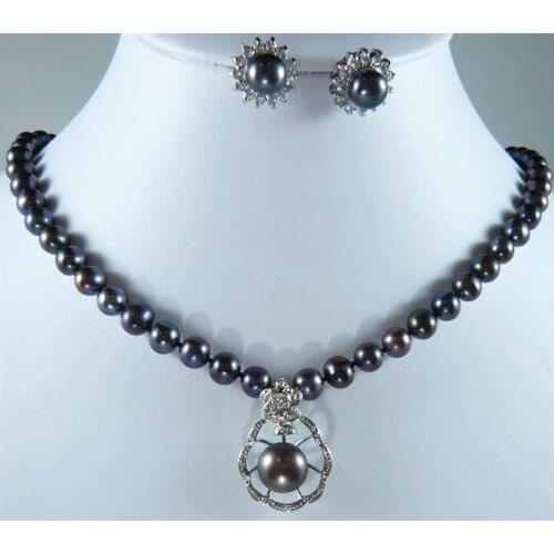 Wholesale noblest 8mm 17" black shell pearl necklace 12mm inlay pearl pendant necklace earrings set s