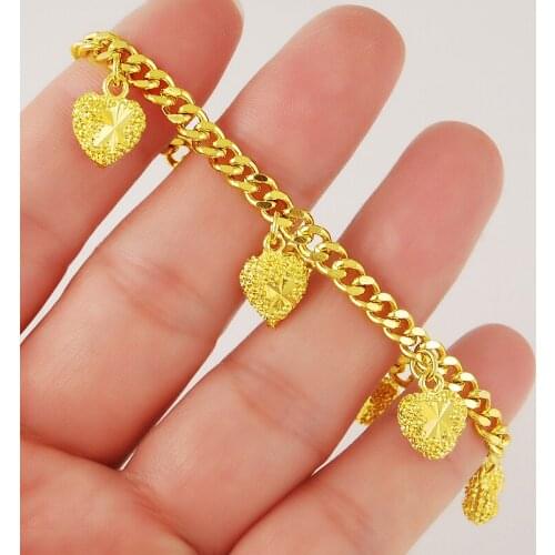 Drop shipping 24k gold color womens jewelry,wholesale 24k gold color hearts chain bracelet for women 18cm ,fashion bracelet