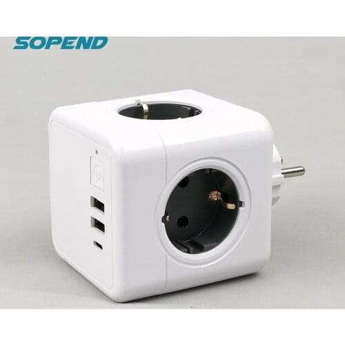Sopend 2 USB Power Strips Socket Powercube Multiple European Plug 4 Outlet Type-C Ports Switch Smart Tee for Office Home Charger