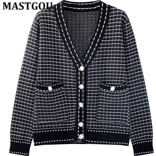 MASTGOU Houndstooth Knit Women Cardigan Sweaters Autumn Winter Fashion Female Jumper V Neck Long Sleeve Knitted Jacket Coat