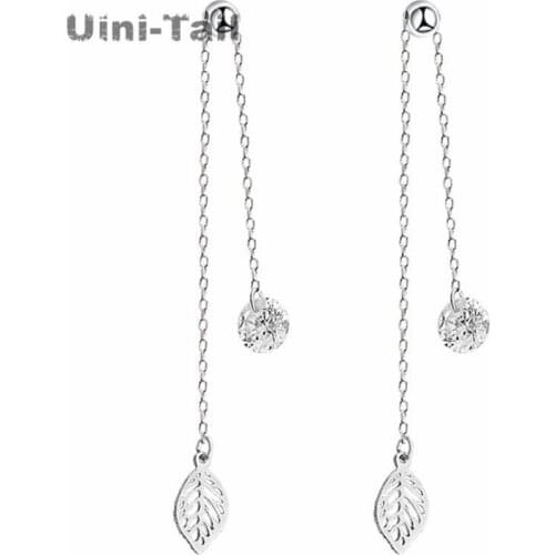 Uini-Tail hot new 925 sterling silver crystal leaves show face small tassel long earrings temperament creative fashion GN672