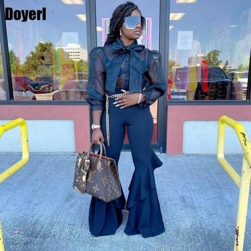 Women Two Piece Outfits 2021 Pants Sets for Party for Women Sexy Club Festival Clothing Sheer Mesh Crop Top and Flare Pant Suits
