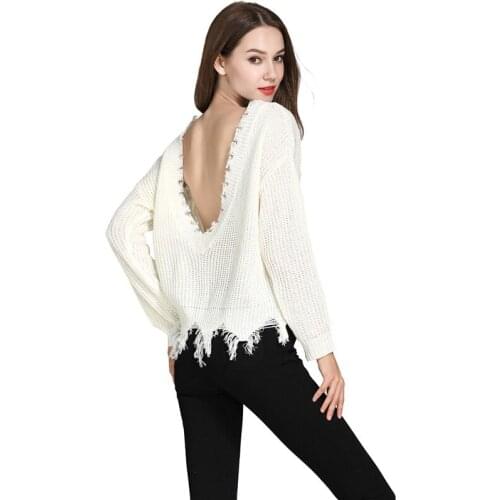 Backless women sweaters and pullovers knitwear fashion winter 2018 patchwork jumpers sexy ladys sweater white FF1383 L