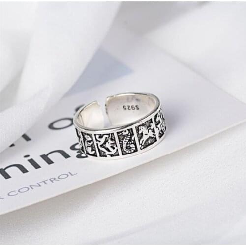 Season Gate 925 Sterling Silver Retro Thai Silver Chinese zodiac Animals Lucky Adjustable Size Open Ring for Women Girls SR014