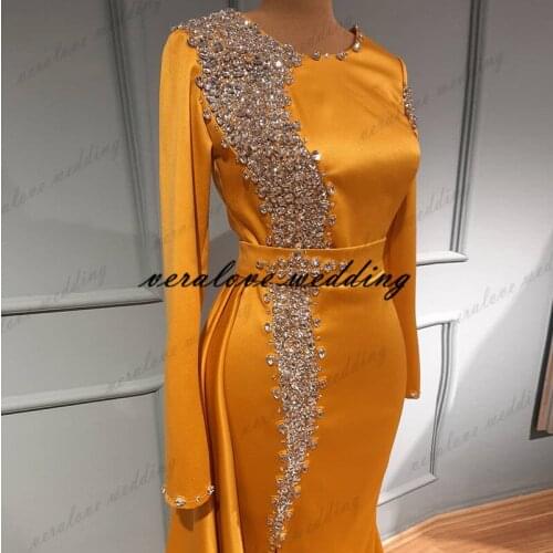 Abendkleider 2021 Crystal Mermaid Prom Dress Nigerian Orange Long Sleeves African Dubai Party Gowns vestido de festa