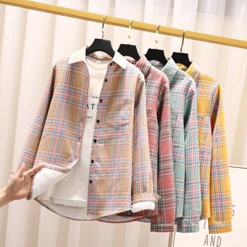 Winter Velvet Plaid Shirts Womens Blouses Thick Keep Warm Tops Long Sleeve Checked Female Clothes Outwear Jackets New Arrivals