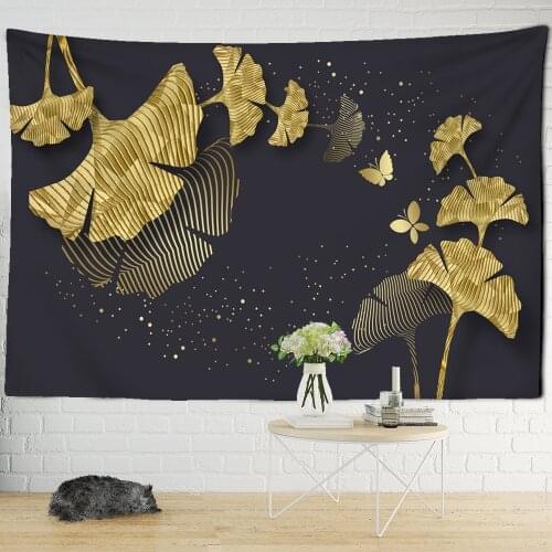 Gold Gingko Leaf Tapestry Wall Hanging Tropical Leaves Flowers Bohemian Psychedelic Background Bedspread Home Decor