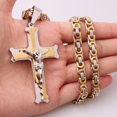 Gold Cross Cross Christ Jesus Pendant Necklace Stainless Steel Link Byzantine Chain Heavy Men Jewelry Gift 6mm 18-36"