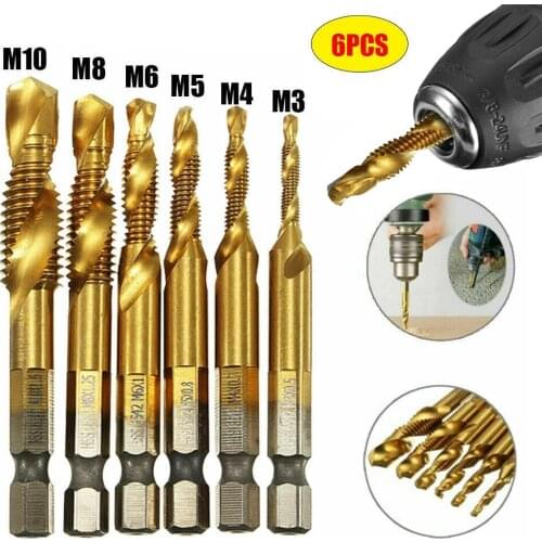 6Pcs M3-M10 Drill Spiral Tap Bits HSS 1/4inch Hex Shank Metric Thread Cutter Drill Bits Titanium Plating