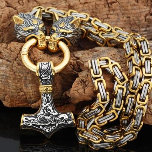 Antiquing Viking Amulet Thor Hammer Pendant Nordic Wolf Head Double Color Square Buckle Chain Assertive Mens Necklace