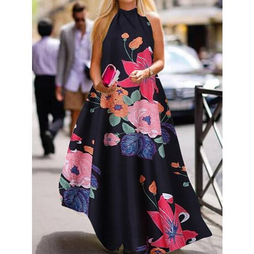 Celmia 2021 Summer Floral Print Halter Maxi Dress Women Casual Sleeveless Party Holiday Vestidos Swing A-line Sundress