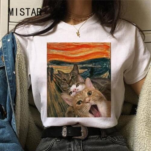 T-shirts Women cat oil painting printed funny graphic tee shirt summer short sleeve casual white tops harajuku t shirt clothing