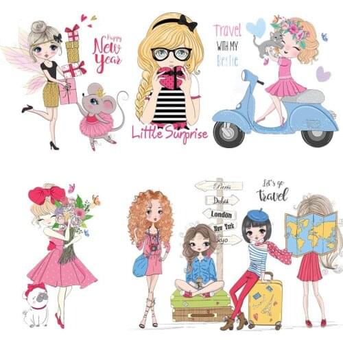 Beautiful Fashion Girl Applique Iron-On Transfers For Clothing Stickers Cartoon Patch Heat Thermal Transfer For Clothes Washable
