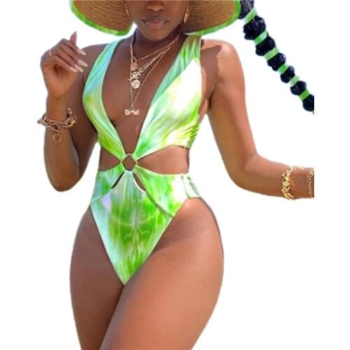 Summer Womens Gradients Color Swimsuit Split Style Deep V-Neck Ring Buckle Connect Backless Triangle Swimwear Monokini Beachwear