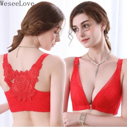 WeseeLove 120E Summer Front Closure Bras for Women Underwear Plus Size Rose Embroidery Beauty Back Sexy Seamless Big Adjustable