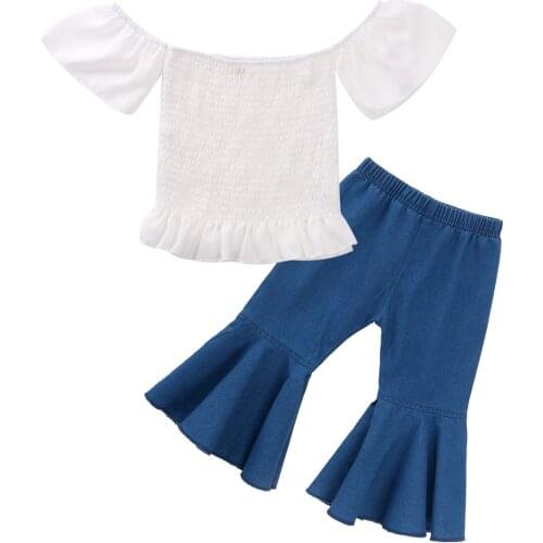 Summer Infant Baby Girls Clothes 2Pcs Sets Off Shoulder Short Sleeve White T Shirts Tops Blue Denim Flare Pants
