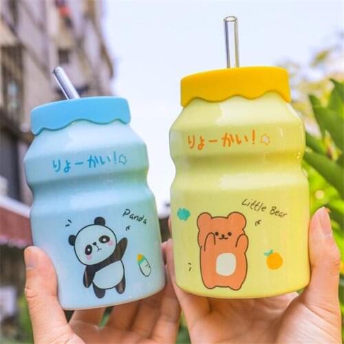 Cute Cartoon Rabbit Iced Mug With Straw Cups Creative Ceramic Office Coffee Mug Portable Children Student Breakfast Water Cup