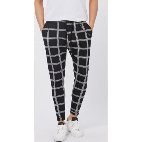 Mens Black Checkered Skinny Leg Jogger Trousers With Chain