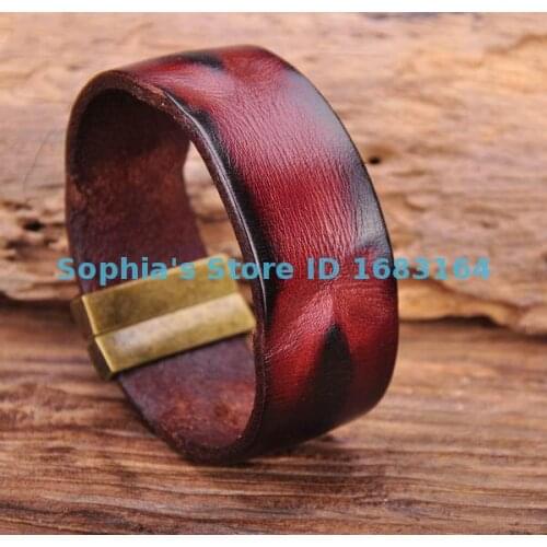 G169 Brown Red Manual Vintage Texture Real Leather Bracelet Wristband Mens Wide Cuff