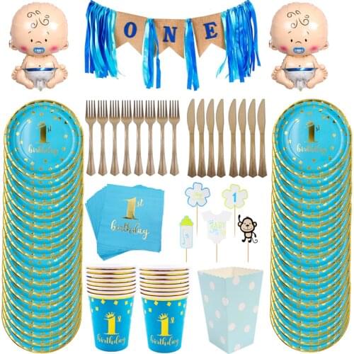 Blue Theme Boy or Girl Birthday Party Decorations Baby Shower Party Disposable Tableware Set paper cups Plates Decoupage napkins