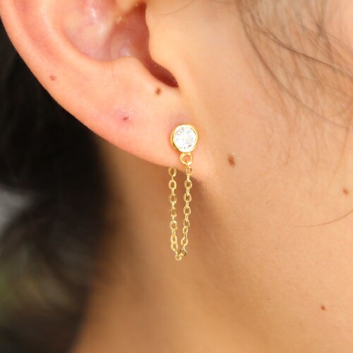 2019 new arrive top quality tiny tassel earring for girls simple round cz minimal double link chain 100% 925 silver delicate ear