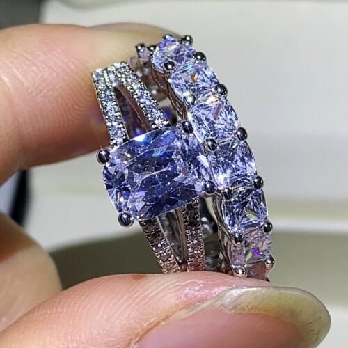 2020 New Couple Rings Luxury Jewelry Hot 925 Silver Cushion Shape Stack White 5A Zircon Women Wedding Bridal Ring Set Gift